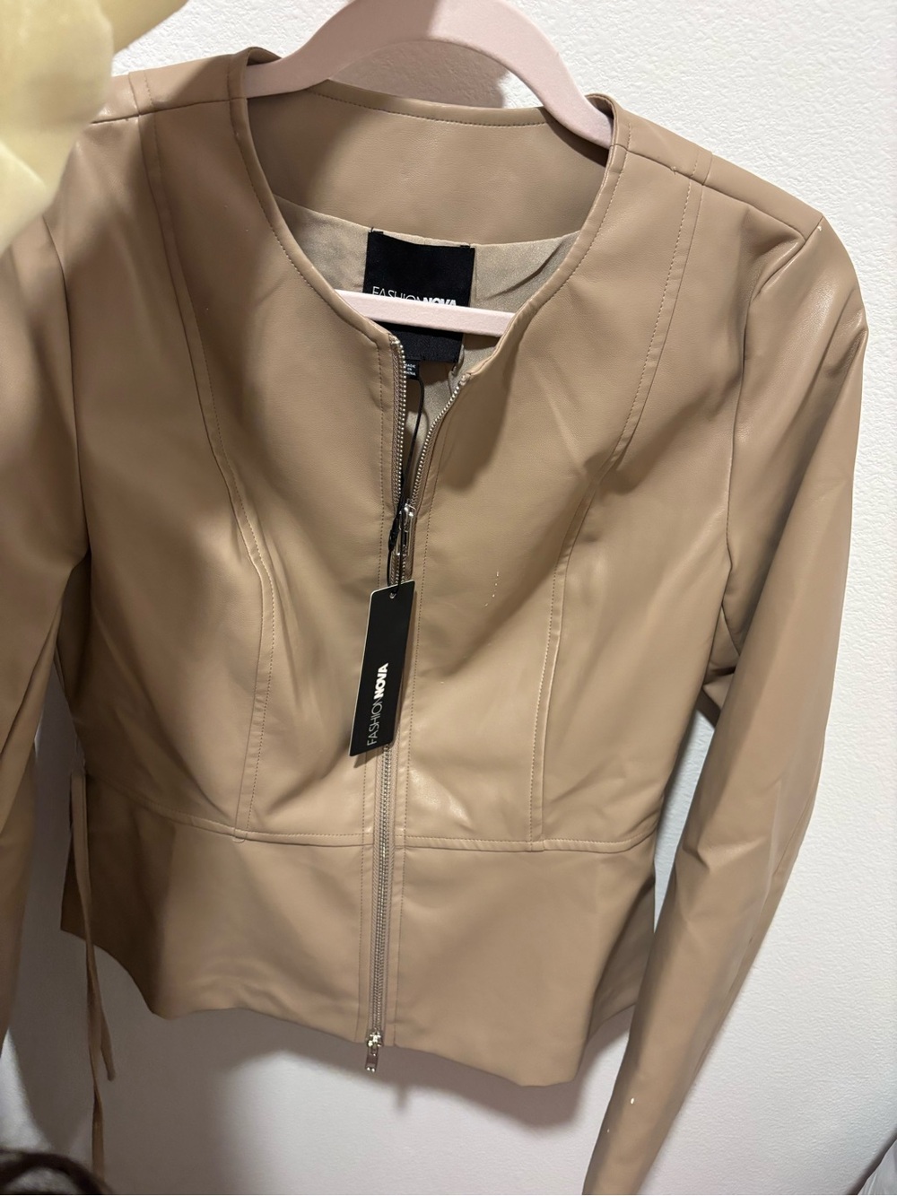 Fashion Nova Tan Faux Leather Collarless Zip Jacket